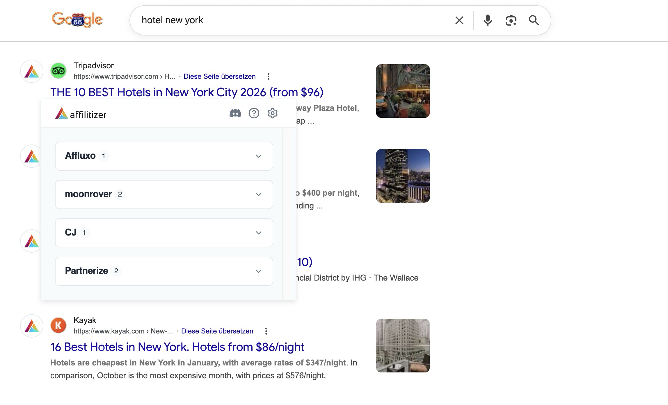 Affilitizer browser extension highlighting affiliate programs in a Google search results page